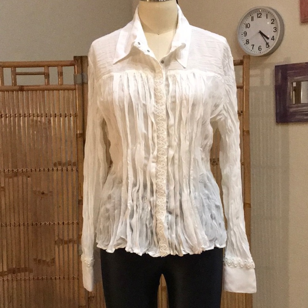 White Sparkling Bead Embellished Dress Crinkle Top